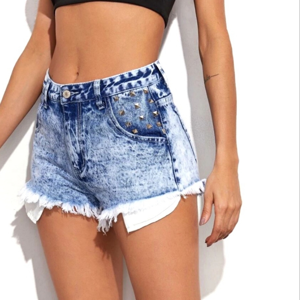 Shein Raw Hem, Studded, Zipper, Washed Jean Shorts